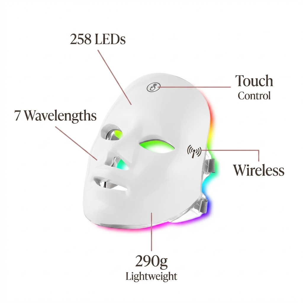 LED mask with features labeled on a white background