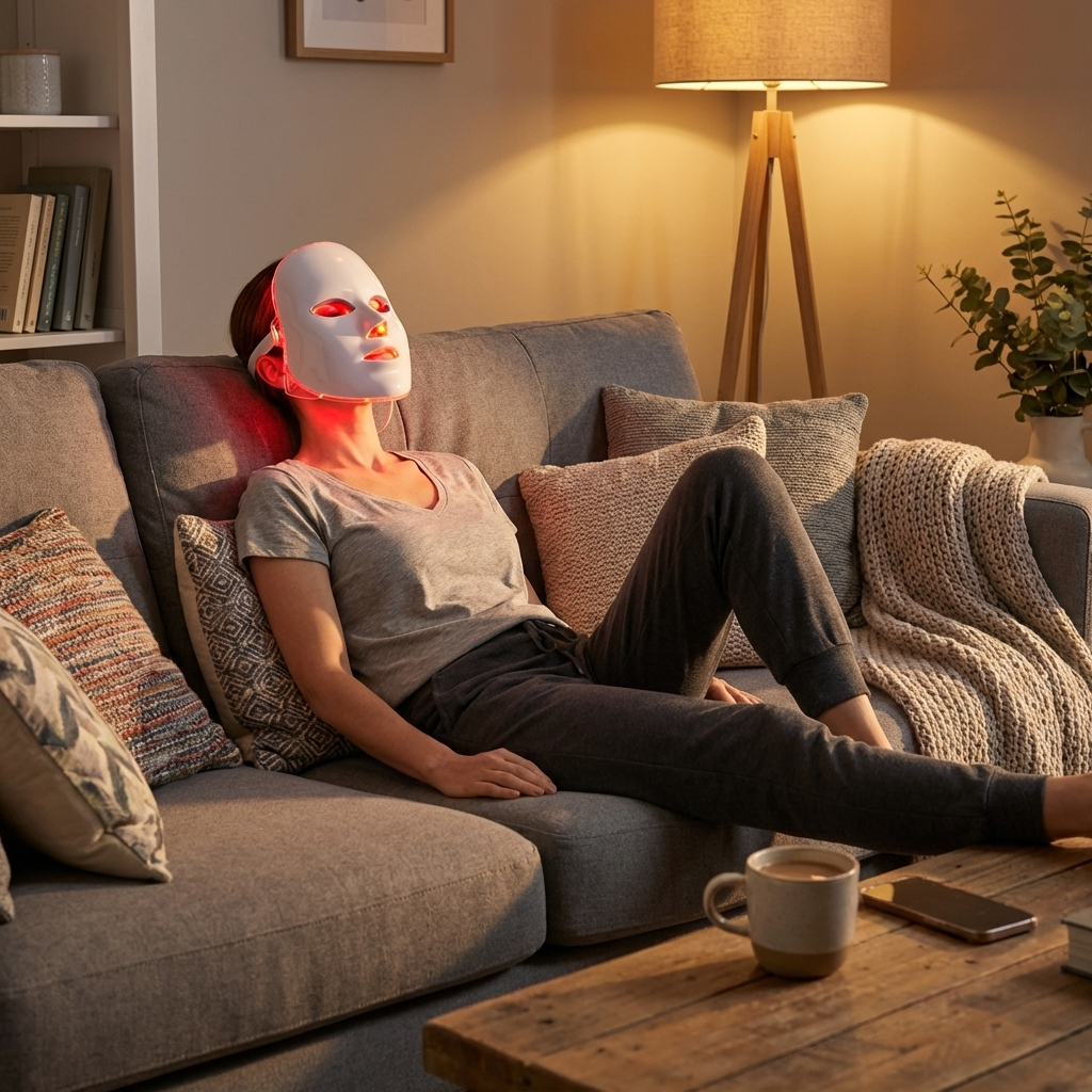 Person sitting on a couch wearing a LED face mask in a cozy living room.