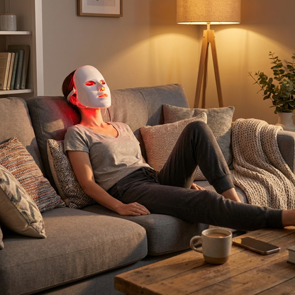 Person sitting on a couch wearing a LED face mask in a cozy living room.
