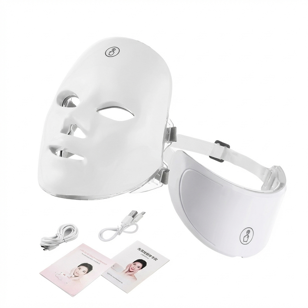 White LED face and eye mask with cables and user manual on a white background