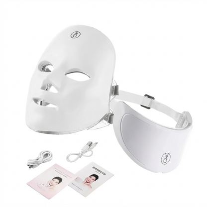 White LED face and eye mask with cables and user manual on a white background
