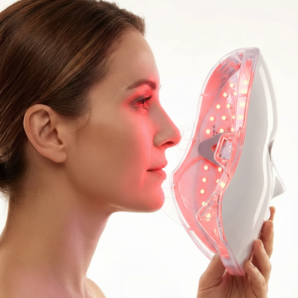 Woman using a LED light device on her face against a white background
